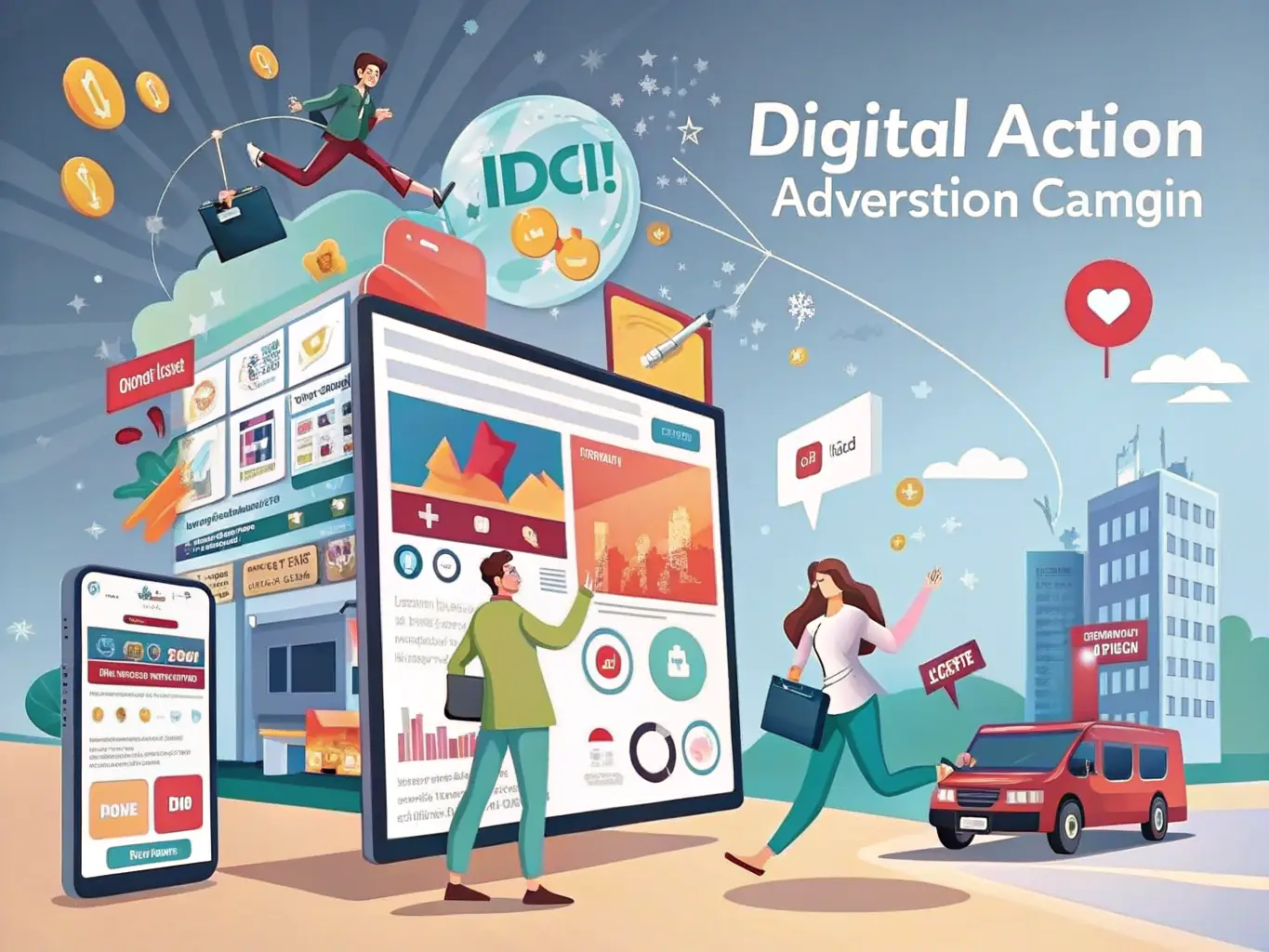 An image illustrating a digital marketing campaign in action, showing data analytics, social media engagement, and targeted advertising strategies.